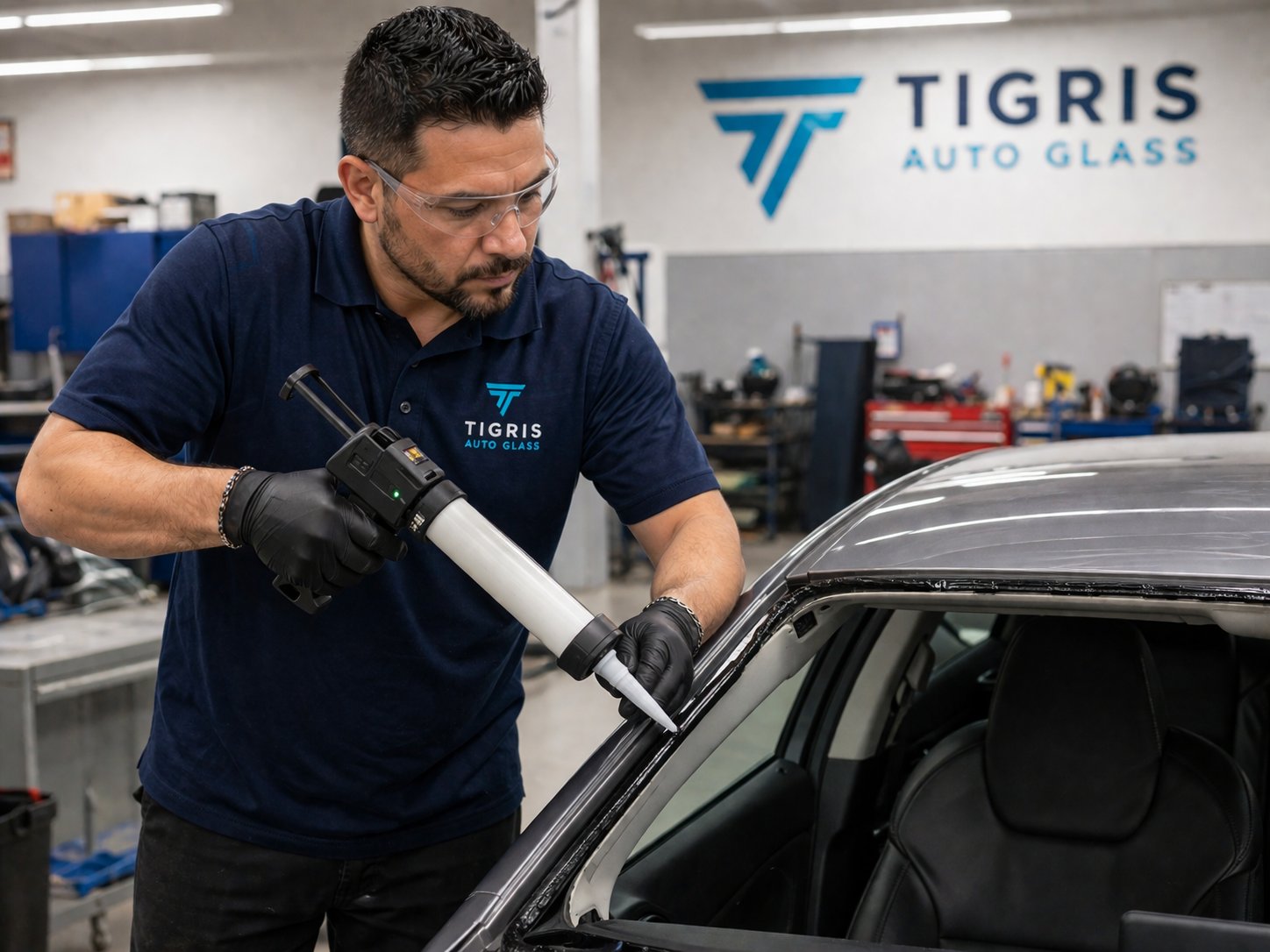 Tigris Auto Glass technician with windshield